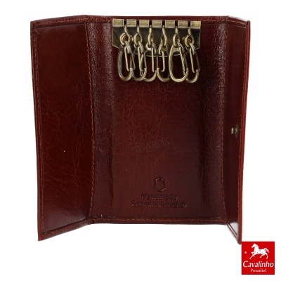 Carteira porta-chaves em pele castanha com ganchos dourados