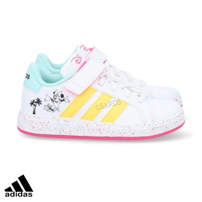 Ténis infantis Adidas brancos com detalhes coloridos e desenho da Minnie Mouse