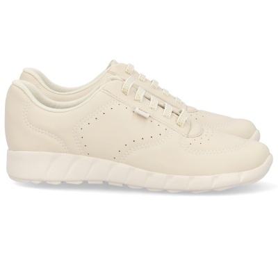 Sapatilhas bege claro com sola branca e cadarços