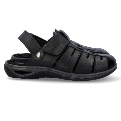 Sandália preta masculina com fecho de velcro e tiras perfuradas