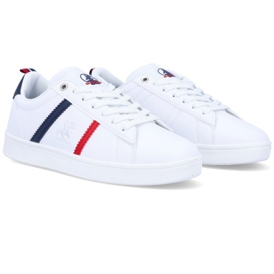 Ténis brancos com riscas azul e vermelho e logótipo U.S. POLO ASSN.