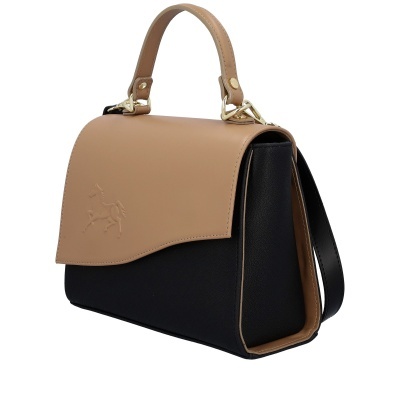 Mala de senhora bicolor em pele bege e preta com cavalo em relevo