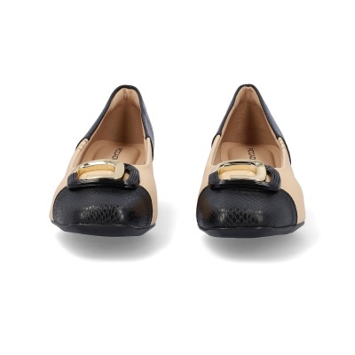 Sapatilhas femininas bico arredondado bege e preto com detalhe dourado