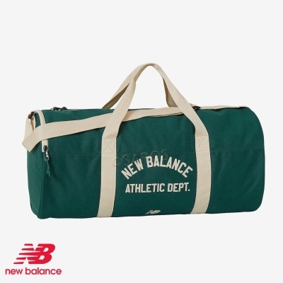 Mala desportiva verde escura com alças bege e inscrições New Balance Athletic Dept.