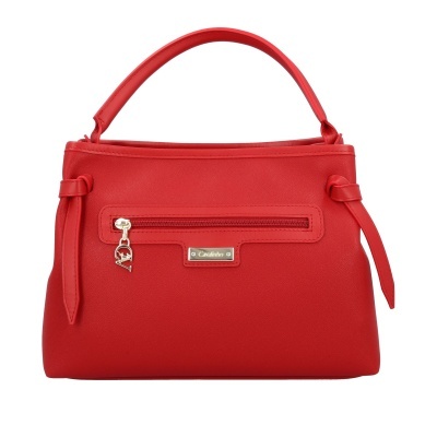 Mala de mão vermelha com fecho de correr frontal e placa metálica com texto