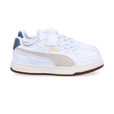 Sapatilhas PUMA brancas com detalhes cinza e azul escuro, sola castanha