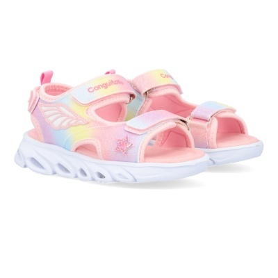 Sandálias infantis rosa com detalhes multicolor e sola branca