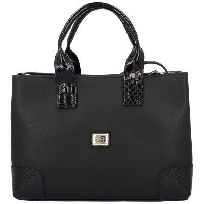 Mala de mão preta com detalhes em padrão crocodilo