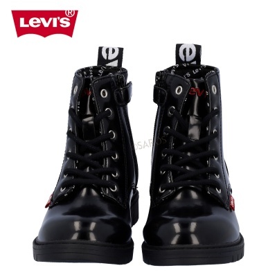 Botas pretas Levi's com atacadores e zíper, detalhes em padrão branco e vermelho