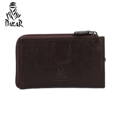 Carteira de pele castanha escura com fecho e logo Dakar