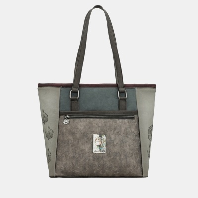 Mala tote de senhora em tons cinzentos com motivo floral e alças compridas