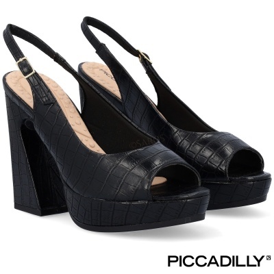 Sandálias pretas de salto alto e plataforma com textura de couro croco