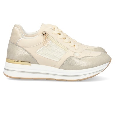 Ténis bege com detalhes dourados e fecho lateral