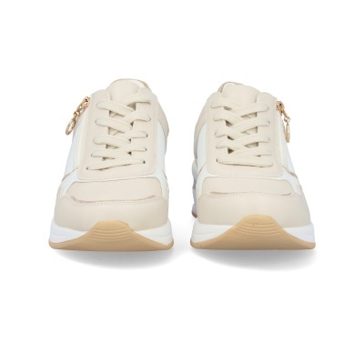 Sapatilhas desportivas bege e branco com sola castanha clara e zíper dourado
