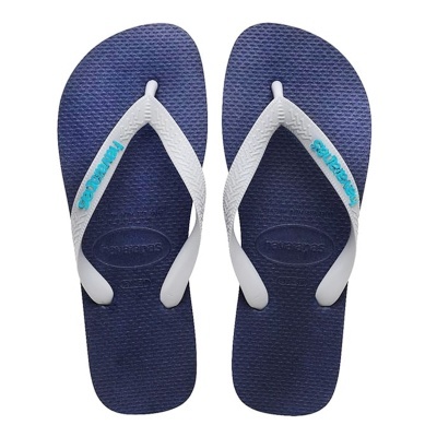 Chinelos havaianas azul escuro com tiras brancas e logótipo azul claro