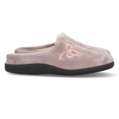 Chinelos femininos aveludados castanhos com bordado rosa e amarelo