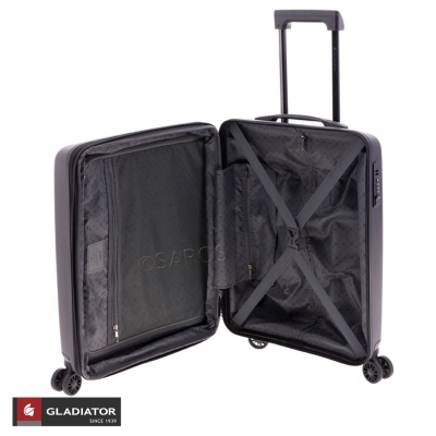 Mala de viagem rígida preta Gladiator aberta com rodas e pega extensível