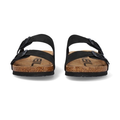 Sandálias pretas com sola de cortiça e duas tiras com fivelas ajustáveis