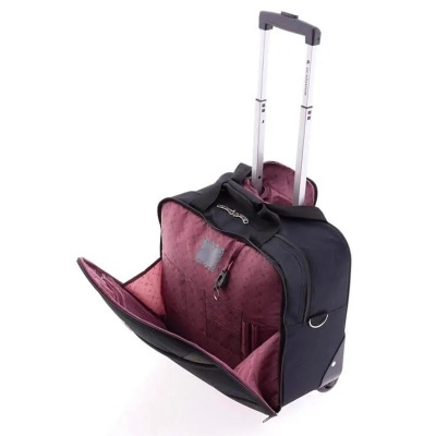 Mala de viagem pequena preta com interior castanho acolchoado e puxador telescópico