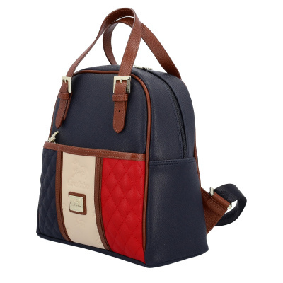Mochila Cavalinho azul, bege e vermelha com detalhes castanhos em pele