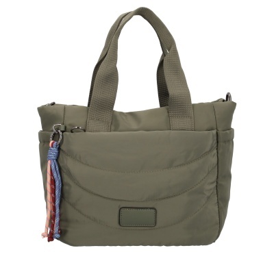 Mala de mão verde-oliva com alças curtas e adereço colorido