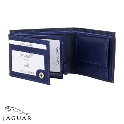 Carteira azul escuro em couro com compartimentos, texto CREDIT CARD e JAGUAR visível