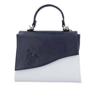 Mala de mão azul escuro e branco com desenho relevado de cavalo no flap