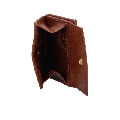 Carteira castanha de pele aberta vista de lado