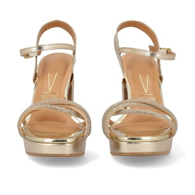 Sandálias douradas com tira frontal com brilhantes e salto plataforma