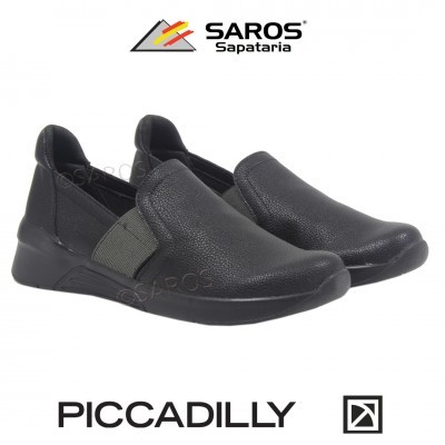 Sapatos slip-on pretos Piccadilly com bandas elásticas cinza escuro em fundo branco