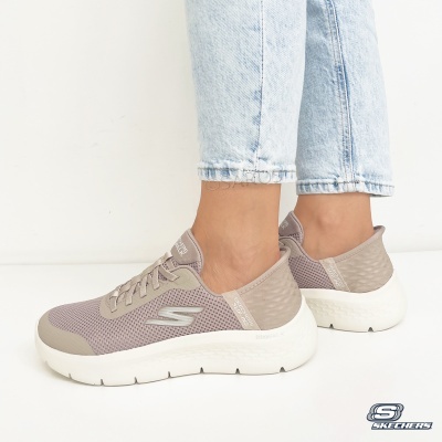 Ténis Skechers cinza claro e bege com sola branca espessa