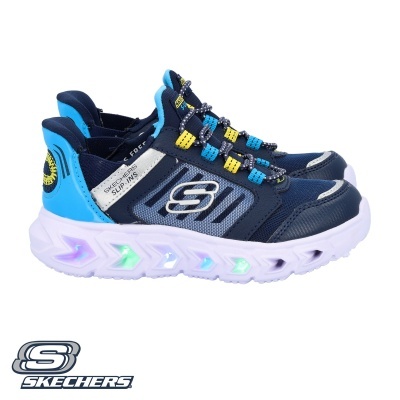 Ténis Skechers azuis com sola branca iluminada e detalhes amarelos