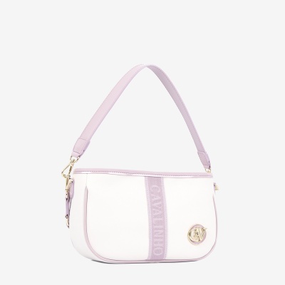 Mala de ombro branca e lilás com logótipo CV dourado