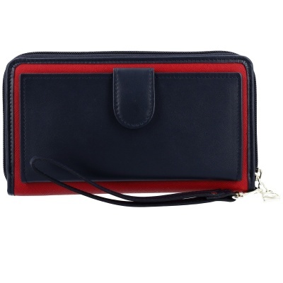 Carteira retangular vermelho e azul escuro com fecho de botão e alça