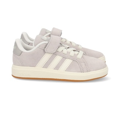 Sapatilhas Adidas cinza claro com riscas brancas e fecho de velcro