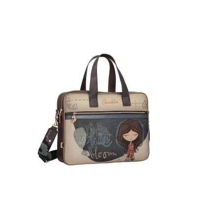 Bolsa tipo pasta bege e castanha com ilustração de menina e texto Aim to bloom