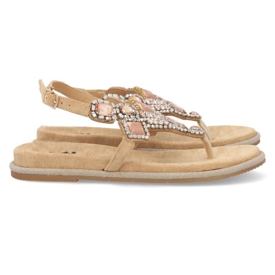 Sandálias rasas bege com pedraria decorativa rosa e branca