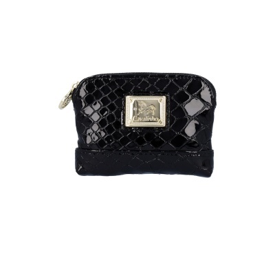 Carteira preta brilhante com padrão quadriculado e placa dourada Cavalinho