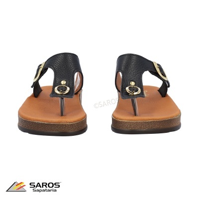 Sandálias femininas pretas com fivelas douradas e sola castanha
