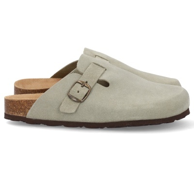 Chinelos cinza de pala em camurça com fivela e sola em cortiça