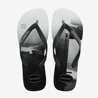 Chinelos Havaianas preto e branco com tiras pretas e estampado fotográfico