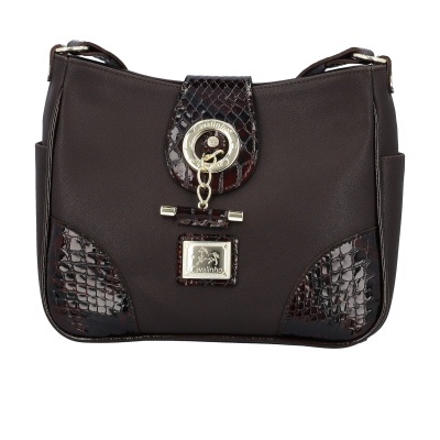 Mala de senhora castanha com detalhes em pele de réptil e fecho decorativo