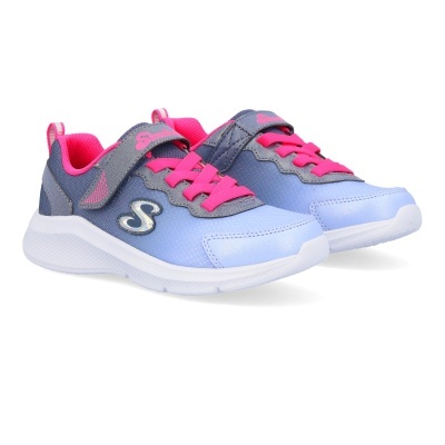 Ténis infantis Skechers azul, cinzento e rosa com sola branca e fecho de velcro