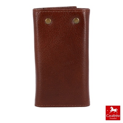 Carteira de couro castanho com duas presilhas metálicas douradas