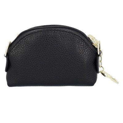 Carteira pequena preta em pele com fecho e argola dourada