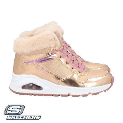 Sapatilhas femininas Skechers douradas com pelo e atacadores rosa