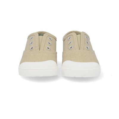 Sapatilhas de lona bege com solado branco e ilhóses metálicos