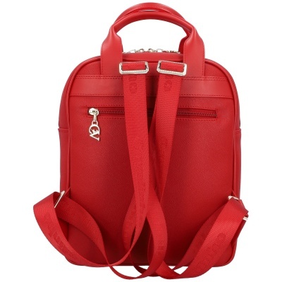 Mochila vermelha pequena vista de costas com alças e zipper