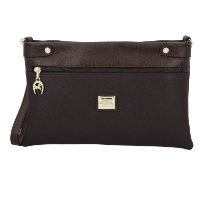 Mala de mão em couro castanho escuro com fecho de correr e detalhes dourados