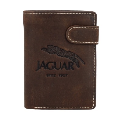 Carteira de couro castanha com logo Jaguar e costura branca
